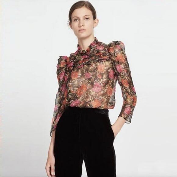SANDRO Sheer Silk Floral Top Blouse Metallic Thread Amina Sz 1 XS - Picture 1 of 13